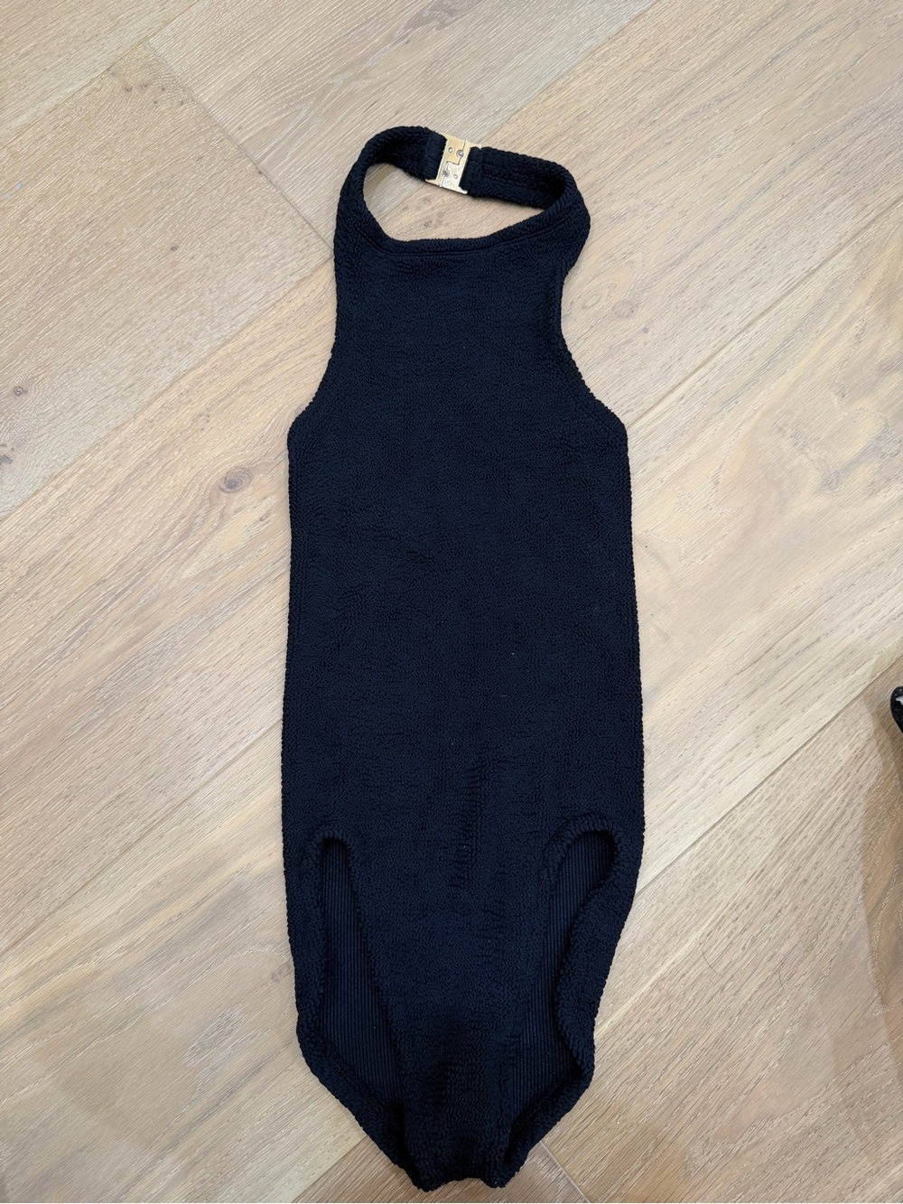 Hunza G Black Textured One-Piece Swimsuit with Gold Buckle